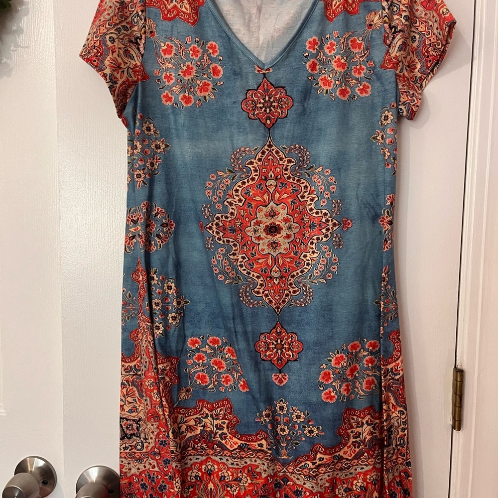 Blue and Red V-Neck Flutter Sleeve Midi Dress